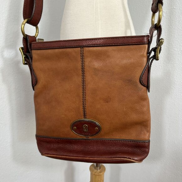 Fossil Crossbody Shoulder Purse Two‎ Tone Brown Lather Bucket Purse - Picture 2 of 15